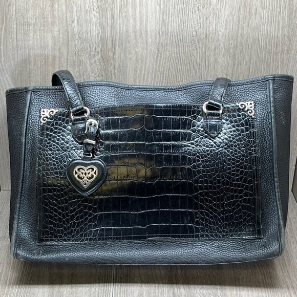 Brighton Handbags - Brighton Womens Handbag Embossed Crocodile Leather Satchel Shoulder Bag Black